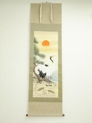 美峰筆　松竹梅鶴亀　肉筆絹本掛軸